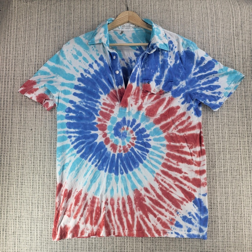 Criquet Shirt Mens Small Red Blue White Tie Dye Polo Pocket Cotton Austin‎ Texas